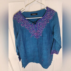 Nyx Cottons Womens 3XL Blue Tunic Embroidered Top